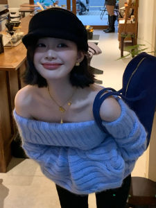SENWA | Boat Neck Blue Knit Sweater Thick