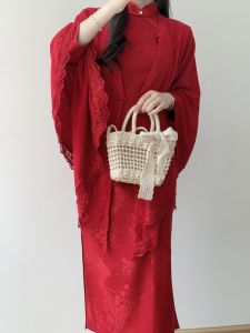 Elegant Red Chinese Style Cheongsam Shawl Wedding Drinking Ceremony New Bride Daily Wear Return Home Clothes Low Slit Sleeve