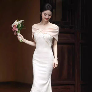 สีขาว งานแต่งงานไหล่เดียว เดรส 2024 ใหม่ ฤดูใบไม้ร่วง ฤดูหนาว Fish-Tail กระโปรง พิธีหมั้น สำหรับงานกลางคืน ชุดราตรี โพลีเอสเตอร์ ไฟเบอร์