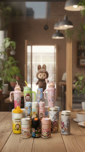 Tumbler Labubu Stainless Steel Insulated dengan Handle dan Sedotan Untuk Minuman Panas dan Dingin