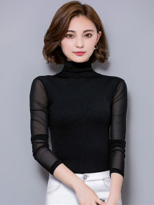 High Neck Mesh Long Sleeve Base Shirt Womens Thin Lace Black T-Shirt Casual Style Breathable Comfortable Fit for Autumn Wear