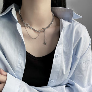 สร้อยคอเหล็กไทเทเนียมรูปดาวเพทายแบบซ้อนสองชั้นสำหรับผู้หญิง เสื้อสเวต์ บุคลิก และ เท่ห์ มีแสงแฟลชฮิปฮอปโซ่