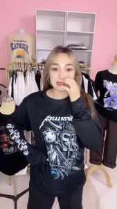 Metaillca เเขนยาว สีดำ ผ้าคอตตอน เสื้อแขนยาวเเนววินเทจ คู่ดิจิทัล 30 กรัม