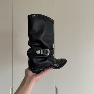 Leather Version Knight Boots 2024 Pointed Toe Chunky Heel Martin Boots Rivet Chain Design Flame Pattern Retro Style Women Shoes