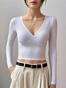 Unique Short Cross V-Neck Womens Base Shirt Spring Autumn Low Cut Top Korean Style Slim Fit Pure Cotton Long Sleeve T-Shirt