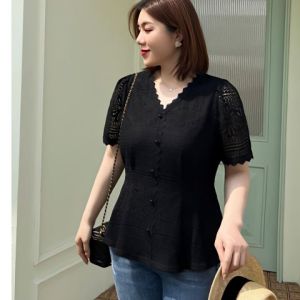 plus Size Womens Lace Shirt V-Neck Gathered Waist Slimming Ruffle Hem Summer Fashion Elegant plus Size Clothing