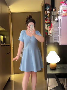 plus Size French Hepburn Style A-Line Short Skirt Slimming Waist High Waist Pure Color Square Neck Short Sleeve Puffy Dress