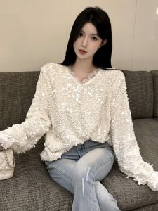 GUZILIAN | Sequined Fringe V-Neck Womens Top