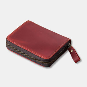 High Capacity Leather ID Card Holder Vintage Style Zipper Closure Top Layer Cowhide Passport Driving License Organizer