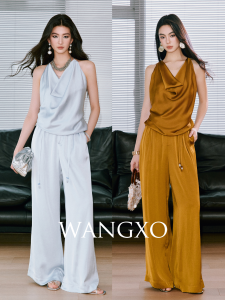 WANGXO | Relaxed Acetate Satin Loose Dangle Neck Tied Top Wide Leg Pants Suit