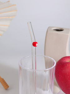 1/4PCS Reusable Glass Straws with Fruit Charms Cute Bending Design Clear Drinking Straw for Cold Drinks Milk Tea Coffee