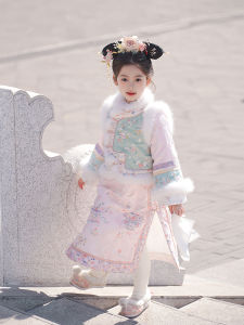 Chinese New Year Girls Qing Dynasty Cheongsam Costume Traditional Chinese New Year Celebration Clothing Mid-Length Long Sleeve