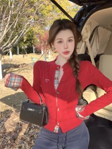 GUZILIAN | Korean Style Slim Fit Knitted Top Womens Single Button Plaid Splicing Design Sensation Age Reduction Versatile Casual Workwear