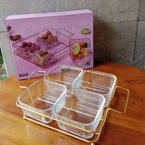Tempat Wadah kue dan Makanan Sebaguna 4 Sekat Bahan Kaca dengan Tatakan Gold Stenlis Mewah