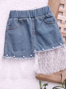 กระโปรงยีนส์ผ้าตาข่ายผสมสำหรับเด็กผู้หญิงฤดูร้อนปี 2025 กระโปรงทรงเอเอวสูงผ้าฝ้ายสไตล์เกาหลีสีพื้น