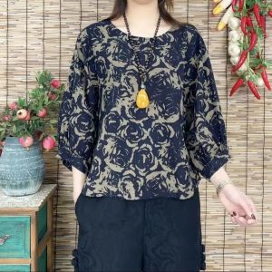 Cherry Cotton Linen Womens T-shirt round Neck Seven Sleeve Loose Large Size Floral Print Versatile Top for Women