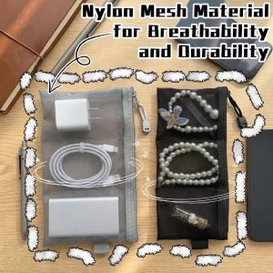 2Pcs Nylon Mesh Bag with 3 Pockets / Jewelry Stationery Charger Data Line Organizer Pouch / Multi-purpose Zipper Storage Bag