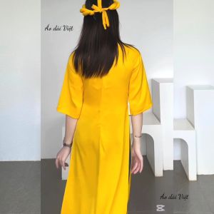 Áo dài cách tân nữ tết 2025 dáng suông lụa tây thi cao cấp màu vàng đính ngọc may sẵn mặc lễ hội dạo phố