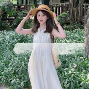 ชุดเดรสยาวแขนกุดทรงหลวมสไตล์ฝรั่งเศสสำหรับผู้หญิงไซส์เล็ก ชุดเดรสยาวคลุมเนื้อสัมผัสหรูหรา กระโปรงทรงเอคอวี