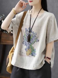 Loose Cotton Linen Womens T-shirt Short Sleeve Retro Print Large Size Summer Fashionable Top Korean Style Artistic Pattern