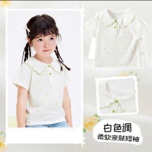 Cute Baby Girl Short Sleeve T-Shirt Doll Collar Base Shirt Summer Fashionable Cotton Polyester Cartoon Print Casual Top