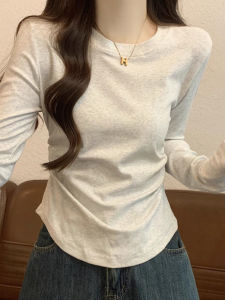 Shoulder Long Sleeves T-Shirt Womens Spring and Autumn Slim Fit Pure Desire Style Fitted Waist Pleated Stylish Niche Style Bottoming Shirt Inner Wear Blouse