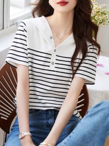 WANGGONGZHU | Princess Style Commuter Striped Short Sleeve T-Shirt Women Summer New Fashion Casual Slimming Top Color Block V-Neck Tee