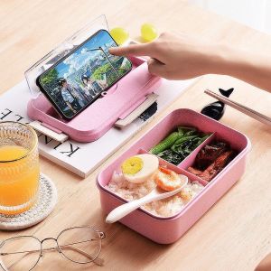 Hoyaa Creative Lunch Box Wheat Straw Microwaveable Safe Bento Box With Free Spoon and Chopsticks