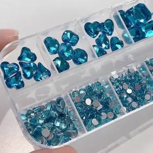 Bộ 12 Lưới Đá Trang Trí Móng Tay 3D Hình Hồ Nước Xanh Phối Nhiều Hình Dạng - Hình Vuông Tròn Trái Tim Kim Cương Thủy Tinh Dành Cho Nghệ Thuật Làm Móng Sang Trọng
