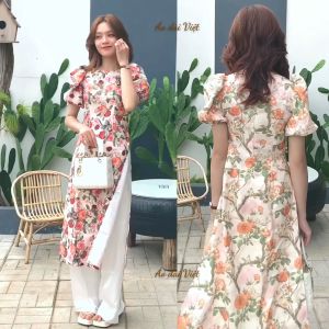 Áo dài cách tân nữ tay phồng hoa nhí tiểu thư đẹp may sẵn - Áo dài Việt
