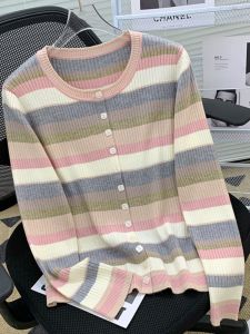 Slimming Rainbow Stripes Knitted Sweater Womens Autumn Winter Fashion Anti-Aging Base Layer Shirt Easy to Wear round Neck Long Sleeve