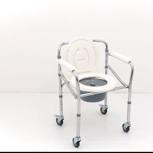Adjustable Height Commode Chair - Foldable with Wheels Anti-Slip Handle Removable Bucket Heavy Duty Kerusi Tandas for Elderly Patient