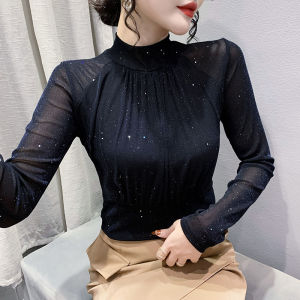 Áo Thun Cổ Cao Lót Lụa Dài Tay Thời Trang Thu Đông Cho Nữ Áo Thun Cotton Thường Ngày Màu Trơn Cổ Điển Phong Cách Đường Phố