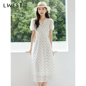 L﹒WEST Polka Dot Tea Break Dress Womens Summer New Style French Elegant Slimming Midi Skirt A-Line Silhouette V-Neck Short Sleeve