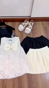 MK_Set tiểu thư đồ thiết kể nữ đi tiệc chất Ren áo sát nách đính nơ cổ V phối chân váy xếp ly ngắn xinh