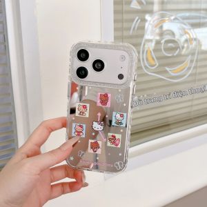 Sanrio | Ốp Điện Thoại iPhone 15 16 17 Pro Max Hình Hello Kitty Dễ Thương Họa Tiết Lưới Hoạt Hình Gương Trang Điểm Chất Liệu Silicon Chống Rơi Phong Cách Kawaii Dành Cho Nữ