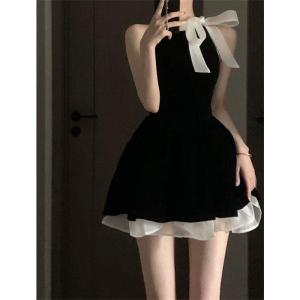 Váy Ngắn Không Tay Màu Đen Joe Heaven Váy Midi Cạp Cao Thắt Nơ Váy Midi Mùa Hè Chất Liệu Polyester Kiểu Dáng Đơn Giản