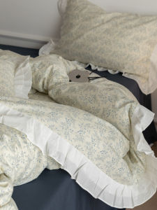 Pure Cotton Gingham Floral Edged Bedding Set 1.8m Girls Heart Four-Piece Suite Quilt Cover Sheet Bed Canopy Bedding Accessories