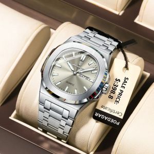 POEDAGAR Trendy Casual Wristwatch For Men Week Date Stainless Steel Man Watch Luminous Waterproof Luxury Quartz Men Watches+Box