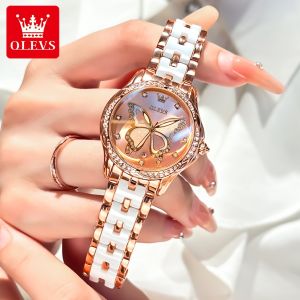 OLEVS Watch For Women Waterproof 2026 Original Branded Fashion Elegance Butterfly-shaped diamond-set zircon dial Ceramic Watch Band Calendar Luminous Quartz Watches