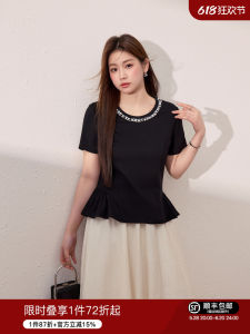Oversized Elegant Ruffled Hem Black Short Sleeve Slimming T-shirt