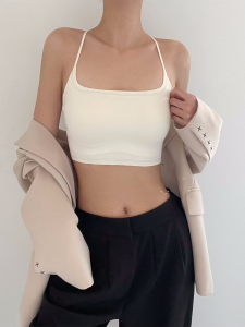 เสื้อชั้นในสตรีทรงโยคะกีฬาแบบสายเดี่ยวสีขาว ดูดซับความชื้นได้ดี ไม่มีโครง เหมาะกับฤดูร้อน ใส่ได้ทั้งในและกลางแจ้ง เสื้อชั้นในดูดซับความชื้นแบบไร้สาย