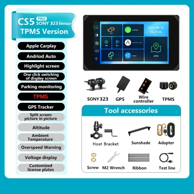 VSYS Waterproof Motorcycle DVR CS5 Wireless Carplay Android Auto TPMS Front & Rear 1080p Cameras Bluetooth WiFi GPS Navigation