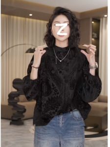 เสื้อเชิ้ตผู้หญิงสไตล์เกาหลี แขนยาว คอกลม ทรงหลวม ผ้าฟองน้ำผสมลูกไม้ ฤดูร้อน 2025 ใหม่ เสื้อผ้าทำงาน