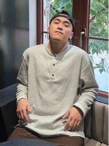 150.00kg Plus Size American Retro High Street Henry Collar Long Sleeves T-shirt Men Fall and Winter Loose Inner Wear Sweater Base Shirt