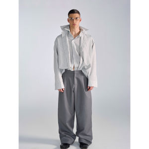 Babesochill Deconstructed Double Layered Loose Plaid Shirt Fashionable Autumn Long Sleeve Mens Button up Casual Wear