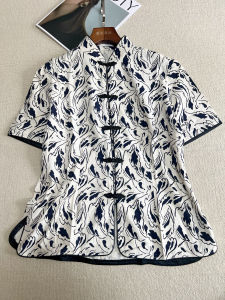 เสื้อเชิ้ตแขนสั้นผ้าไหมหม่อนสไตล์จีนย้อนยุคใหม่ เสื้อเชิ้ตผู้หญิงทรงเข้ารูปพิมพ์ลายดอกไม้ สไตล์ชุดกี่เพ้า