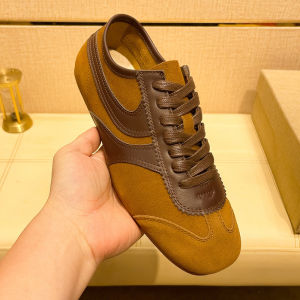 Mens Leather Sport Casual Shoes Breathable Thin Retro Color Block Design Versatile Comfortable Flat Heel round Toe Trainer