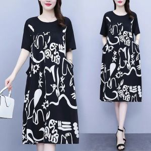 Summer 2023 plus Size Casual Fashionable Patchwork Short Sleeve Dress Women Loose Belly Covering Slimming Skirt Korean Style round Neck A-Line Dress