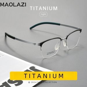 MAOLAZI New Fashion Eyeglasses Retro Square Titanium Half Frame Eyewear Luxury Prescription Glasses Frame For Men Women C8810T